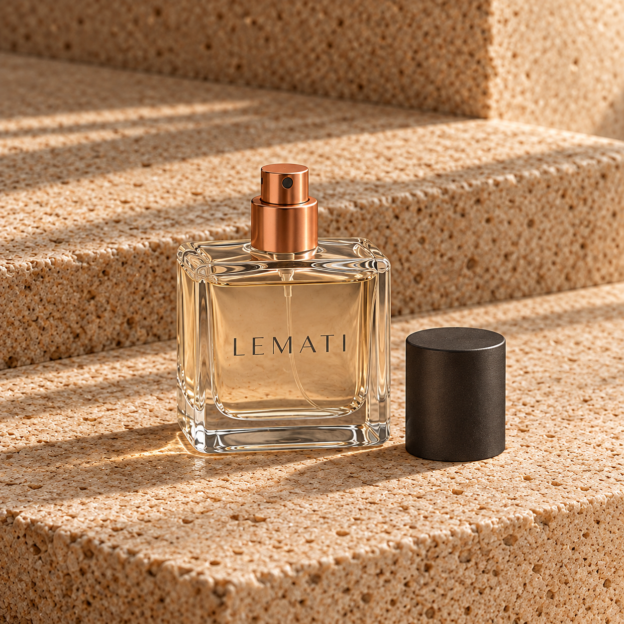 Frasco de perfume LEMATI com detalhes em cobre.