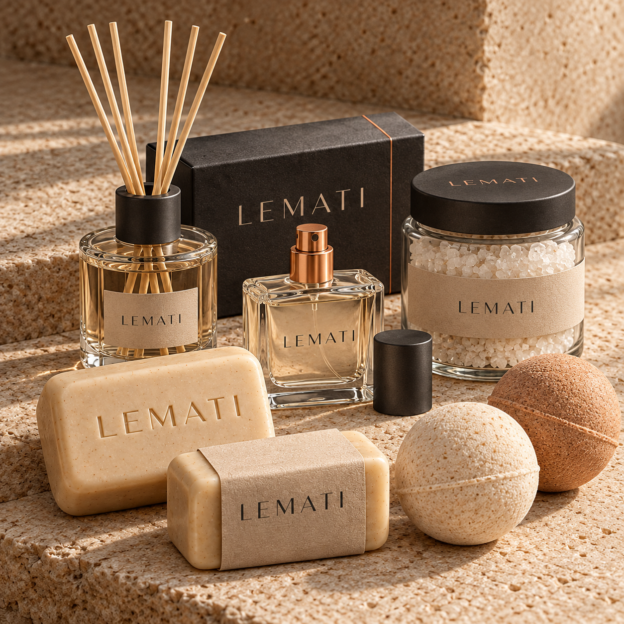 Linha LEMATI com sabonetes, difusor de ambiente, perfume, sais e bombas de banho em tons de areia, grafite e cobre.